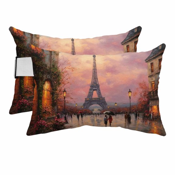 Chaise Lounge Headrest Pillow 2 Pack, Paris Eiffel Tower Waterproof Chair Pillows with Insert & Adjustable Elastic Strap for Beach Recliner, Purple Sunset Country Street Oil Painting Outdoor Pillow