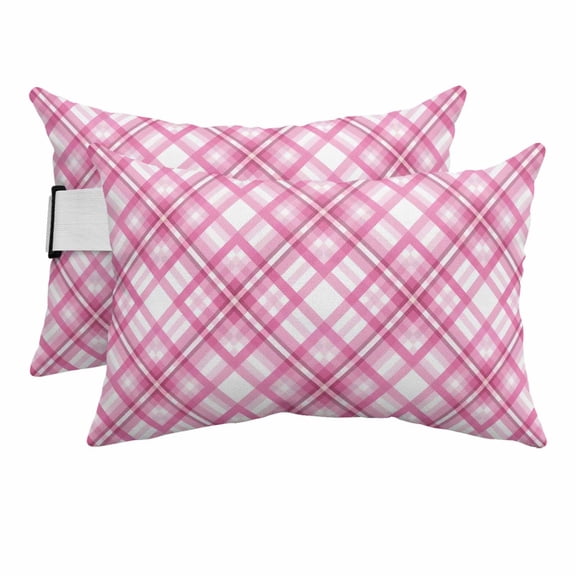 Chaise Lounge Headrest Pillow 2 Pack, Pink Plaid Waterproof Chair Pillows with Insert & Adjustable Elastic Strap for Beach Pool, Funny Modern Simple Abstract Checked Striped Outdoor Patio Pillow