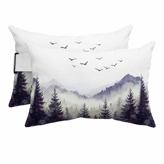 Chaise Lounge Headrest Pillow 2 Pack, Purple Foggy Forest Waterproof Chair Pillows with Insert & Adjustable Elastic Strap for Beach Pool, Country Mountain Birds Pine Trees Outdoor Patio Pillow