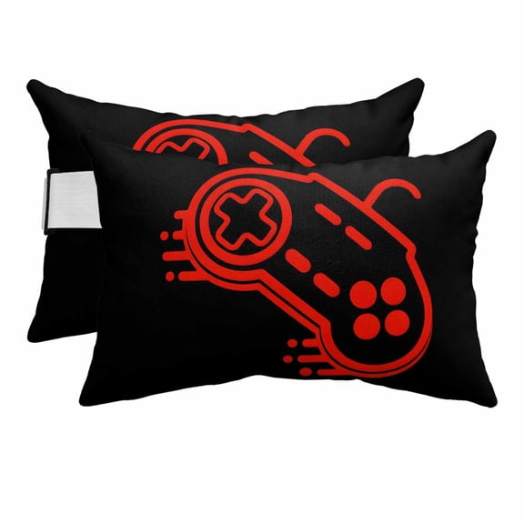 Chaise Lounge Headrest Pillow 2 Pack, Red Game Controller Waterproof Chair Pillows with Insert & Adjustable Elastic Strap for Beach Pool, Modern Art Gaming Handheld Black Outdoor Patio Pillow