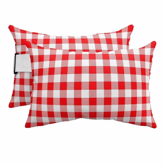 Chaise Lounge Headrest Pillow 2 Pack, Red White Plaid Waterproof Chair Pillows with Insert & Adjustable Elastic Strap for Beach Pool, Modern Farmhouse Buffalo Check Gingham Outdoor Patio Pillow