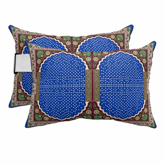 Chaise Lounge Headrest Pillow 2 Pack, Scalloped Arch Waterproof Chair Pillows with Insert & Adjustable Elastic Strap for Beach Recliner, Traditional Ethnic Retro Green Blue Frame Outdoor Patio Pillow