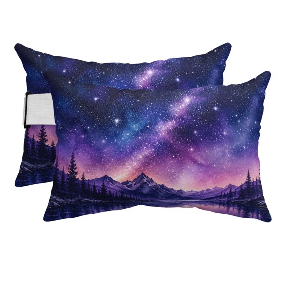 Chaise Lounge Headrest Pillow 2 Pack, Starry Night Sky Waterproof Chair Pillows with Insert & Adjustable Elastic Strap for Beach Pool Recliner, Moedern Forest Mountain Landscape Outdoor Patio Pillow