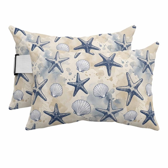 Chaise Lounge Headrest Pillow 2 Pack, Summer Beach Sand Waterproof Chair Pillows with Insert & Adjustable Elastic Strap for Beach Recliner, Watercolor Ocean Starfish Seashells Blue Outdoor Pillow