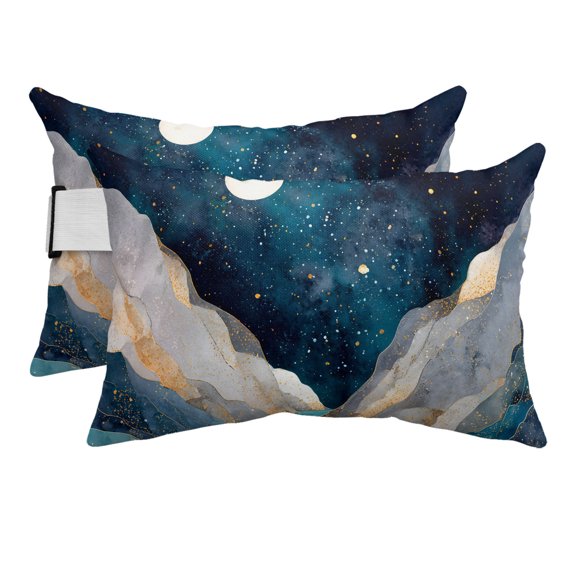 Chaise Lounge Headrest Pillow 2 Pack, Teal Blue Geometric Waterproof Chair Pillows with Insert & Adjustable Elastic Strap for Beach Pool Recliner, Abstract Sky Stars Moon Mountains Outdoor Pillow