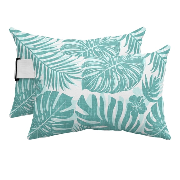 Chaise Lounge Headrest Pillow 2 Pack, Turquoise Monstera Waterproof Chair Pillows with Insert & Adjustable Elastic Strap for Beach Recliner,Palm Tree Leaf Boho Botanical Tropical Outdoor Patio Pillow