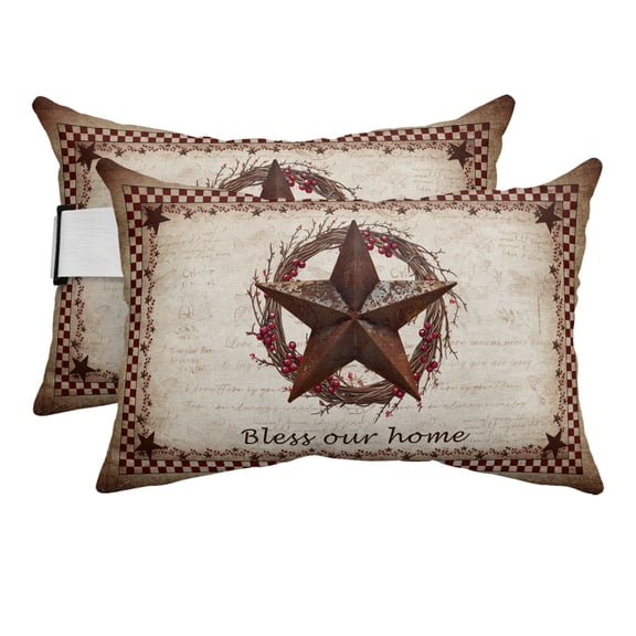 Chaise Lounge Headrest Pillow 2 Pack, Western Star Retro Waterproof Chair Pillows with Insert & Adjustable Elastic Strap for Beach Pool, Country Texas Stars Res Buffalo Plaid Outdoor Patio Pillow
