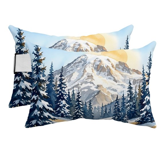 Chaise Lounge Headrest Pillow 2 Pack, Winter Path Waterproof Chair Pillows with Insert & Adjustable Elastic Strap for Beach Pool Recliner, Snowy Pine Mountain Watercolor Blue Gold Outdoor Pillow