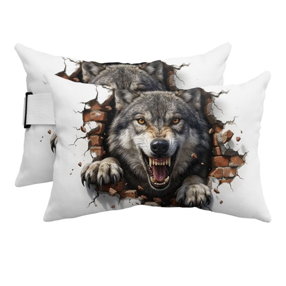 Chaise Lounge Headrest Pillow 2 Pack, Wolf Waterproof Chair Pillows with Insert & Adjustable Elastic Strap for Beach Pool Recliner, Animal Broken Wall Dynamic Angry Expression Outdoor Patio Pillow