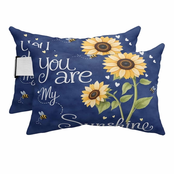 Chaise Lounge Headrest Pillow 2 Pack, You Are My Sunshine Waterproof Chair Pillows with Insert & Adjustable Elastic Strap for Beach Pool, Yellow Sunflowers Cute Bees Heart Blue Outdoor Patio Pillow