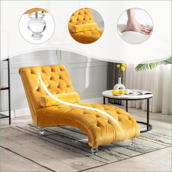 Chaise Lounge Indoor, Button-Tufted Velvet Chaise with Pillow for Bedroom Living Room Office | Mustard Yellow | Velvet