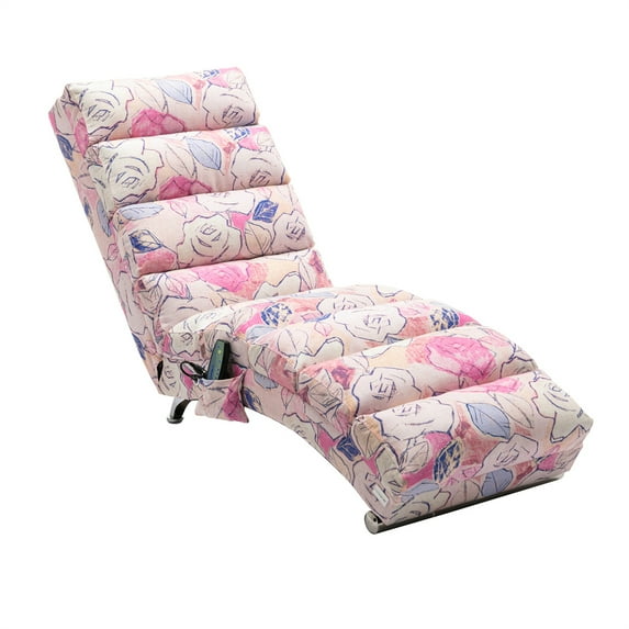 Chaise Lounge Indoor Chair, Modern Polyester Upholstered Long Lounger for Indoor Bedroom Office or Living Room, Pink Flower Linen