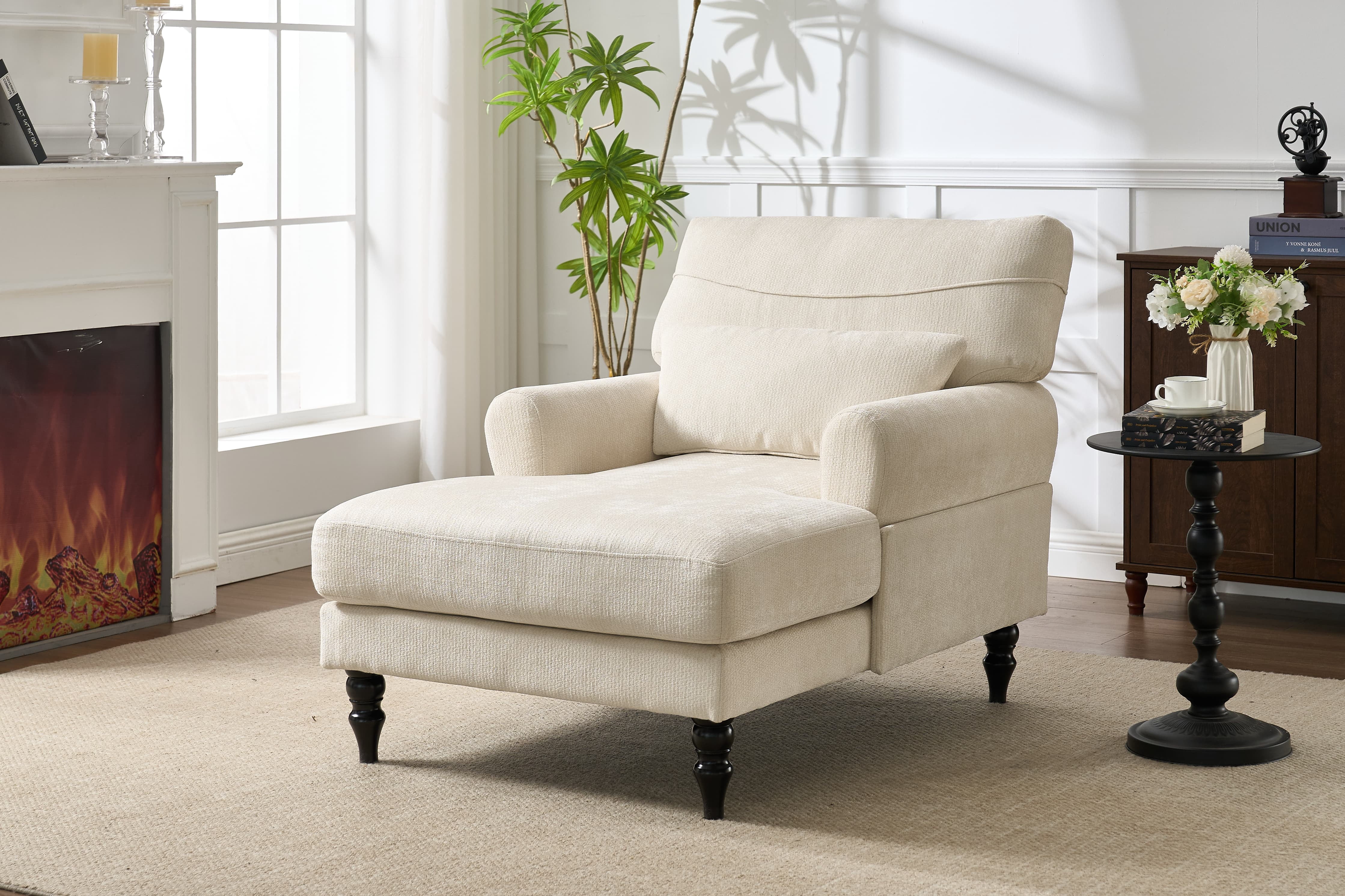 Chaise Lounge Indoor, Modern Upholstered Sleeper Chair and Sleeper Sofa for Living Room, Small Space, White