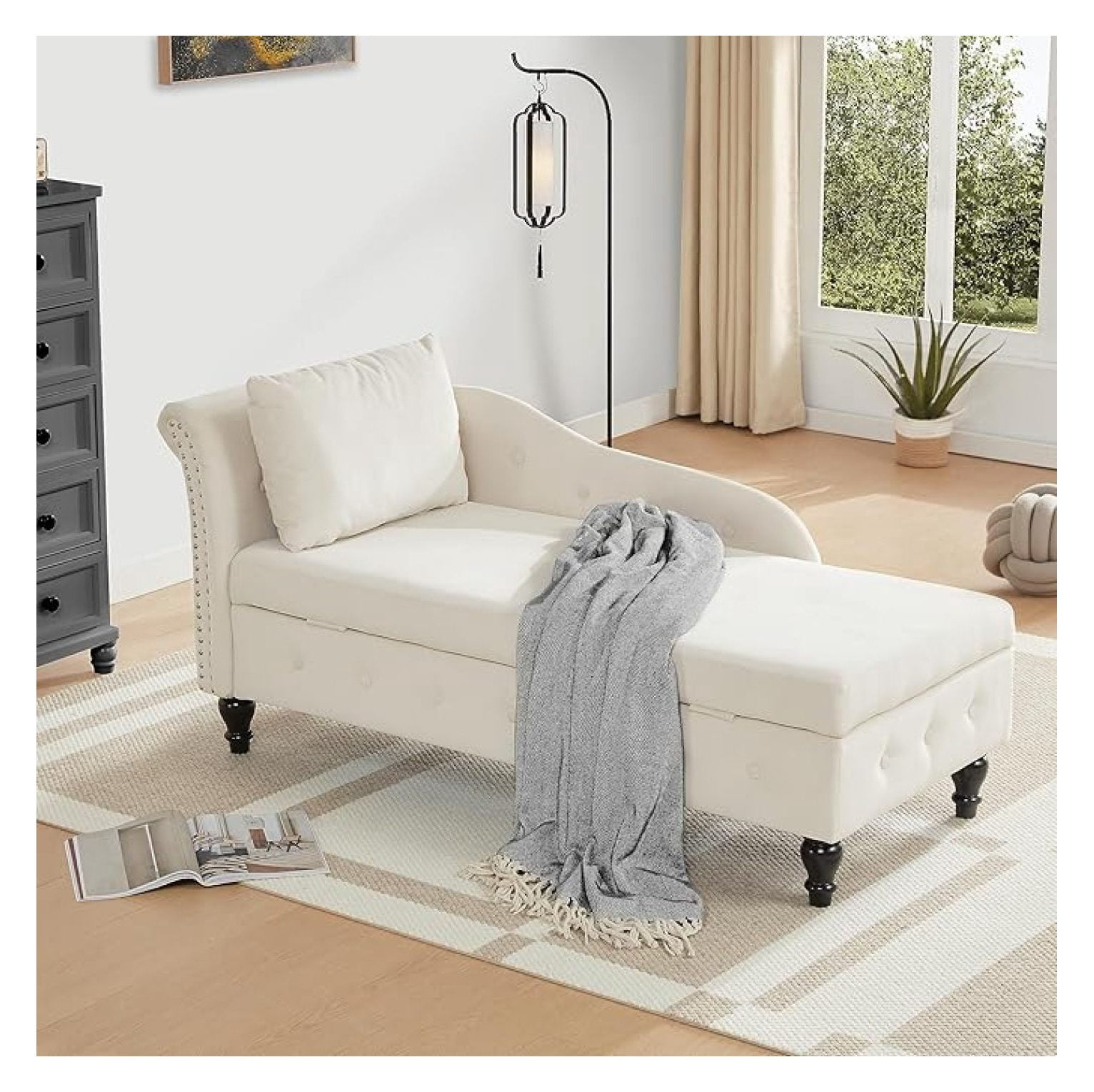 Chaise Lounge Indoor with Storage, Modern Nailhead-Trimmed Tufted
