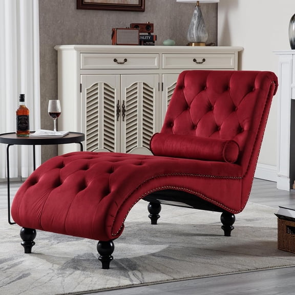 Chaise Lounge Indoor,Velvet Upholstered Lounge Chair Button-Tufted Armless Chair with Pillow, for Bedroom Living Room Office Modern Backrest Leisure Recliner Sleep Sofa,Red