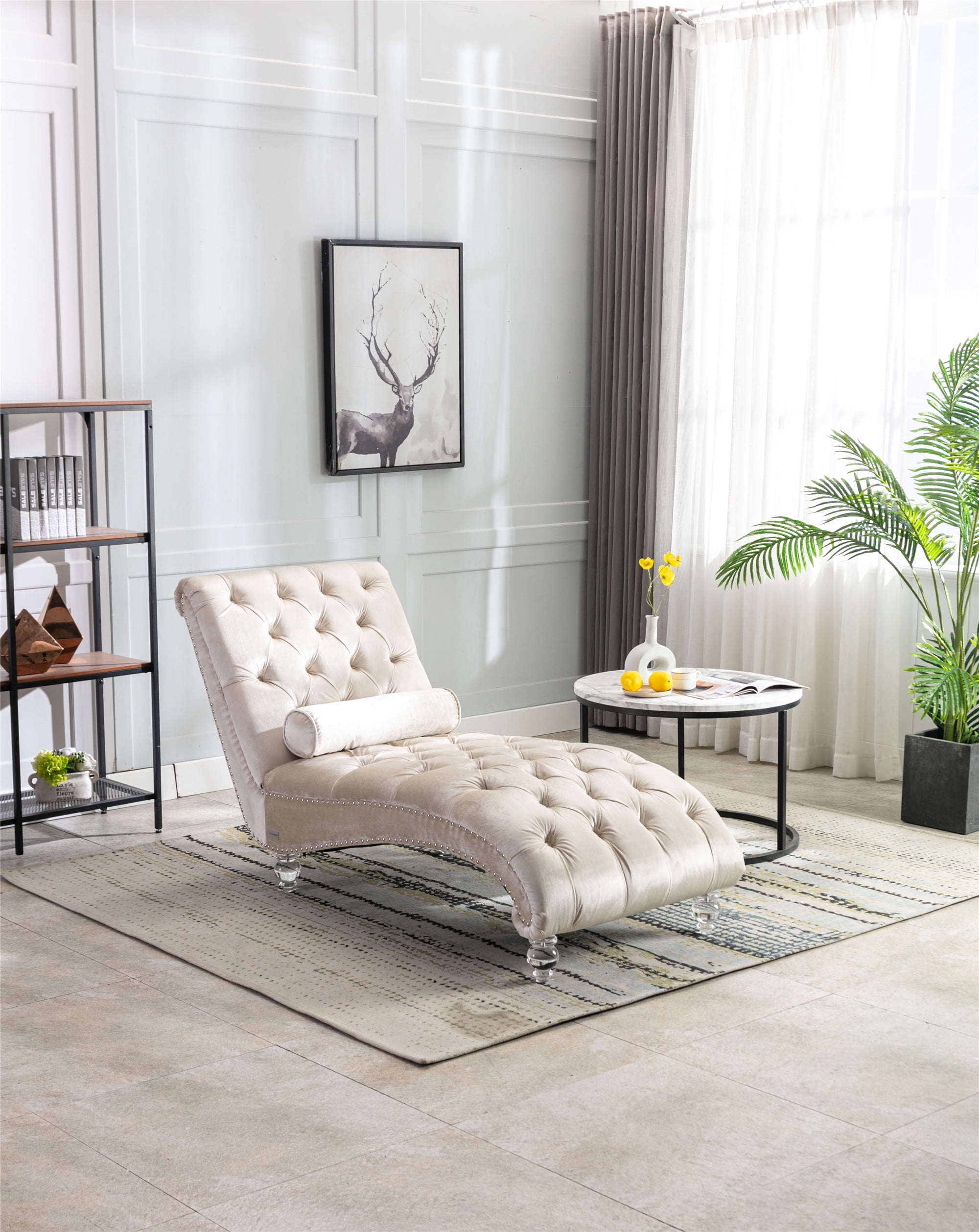 Velvet Upholstered Tufted Chaise Lounge Indoor with Bolster, Modern ...