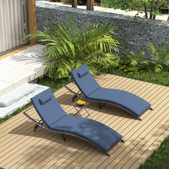 Chaise Lounge Outdoor Set of 3, Pool Lounge Chairs with Adjustable Backrest & Folding Table, Wicker Outside Furniture for Patio Backyard Porch Navy