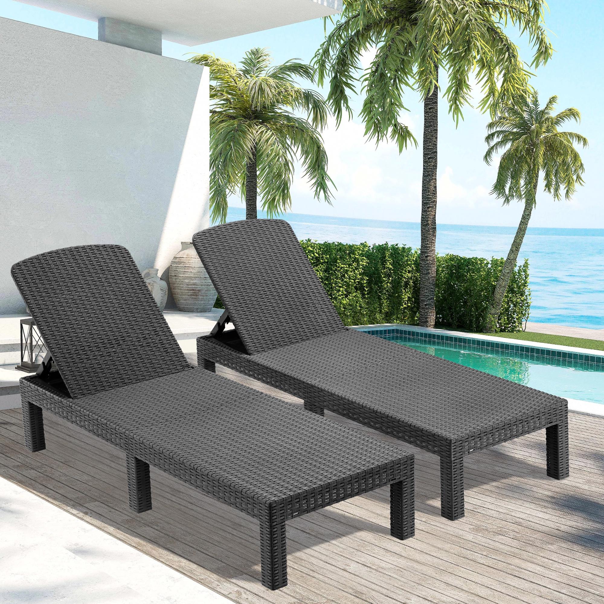 Chaise Lounge Set of 2, Patio Reclining Lounge Chairs with Adjustable Backrest, Outdoor All-Weather PP Resin Sun Loungers for Backyard, Poolside, Porch, Garden, Gray - image 1 of 10