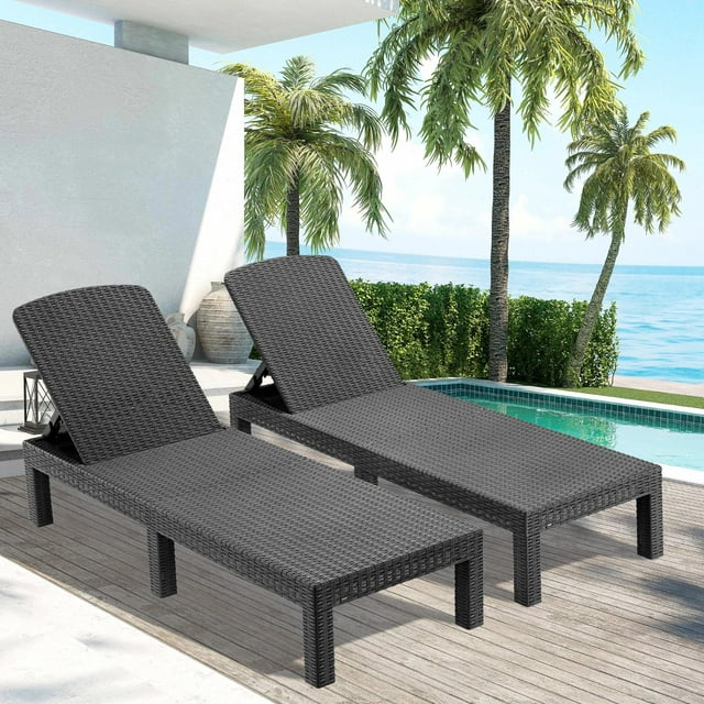 Chaise Lounge Set of 2, Patio Reclining Lounge Chairs with Adjustable Backrest, Outdoor All-Weather PP Resin Sun Loungers for Backyard, Poolside, Porch, Garden, Gray
