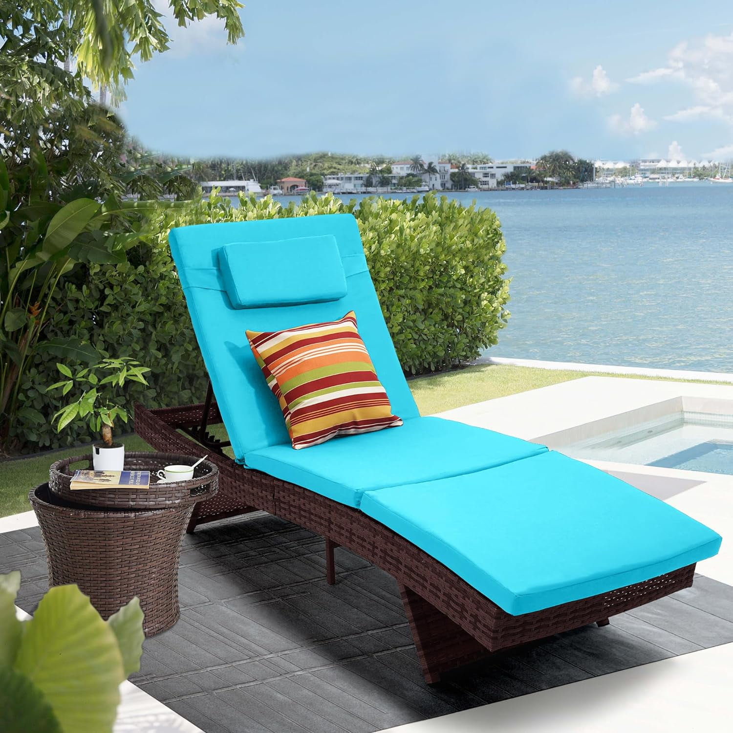 Chaise Lounge, Single Rattan Wicker Patio Lounge Chair for Outside, Adjustable Chaise Lounger