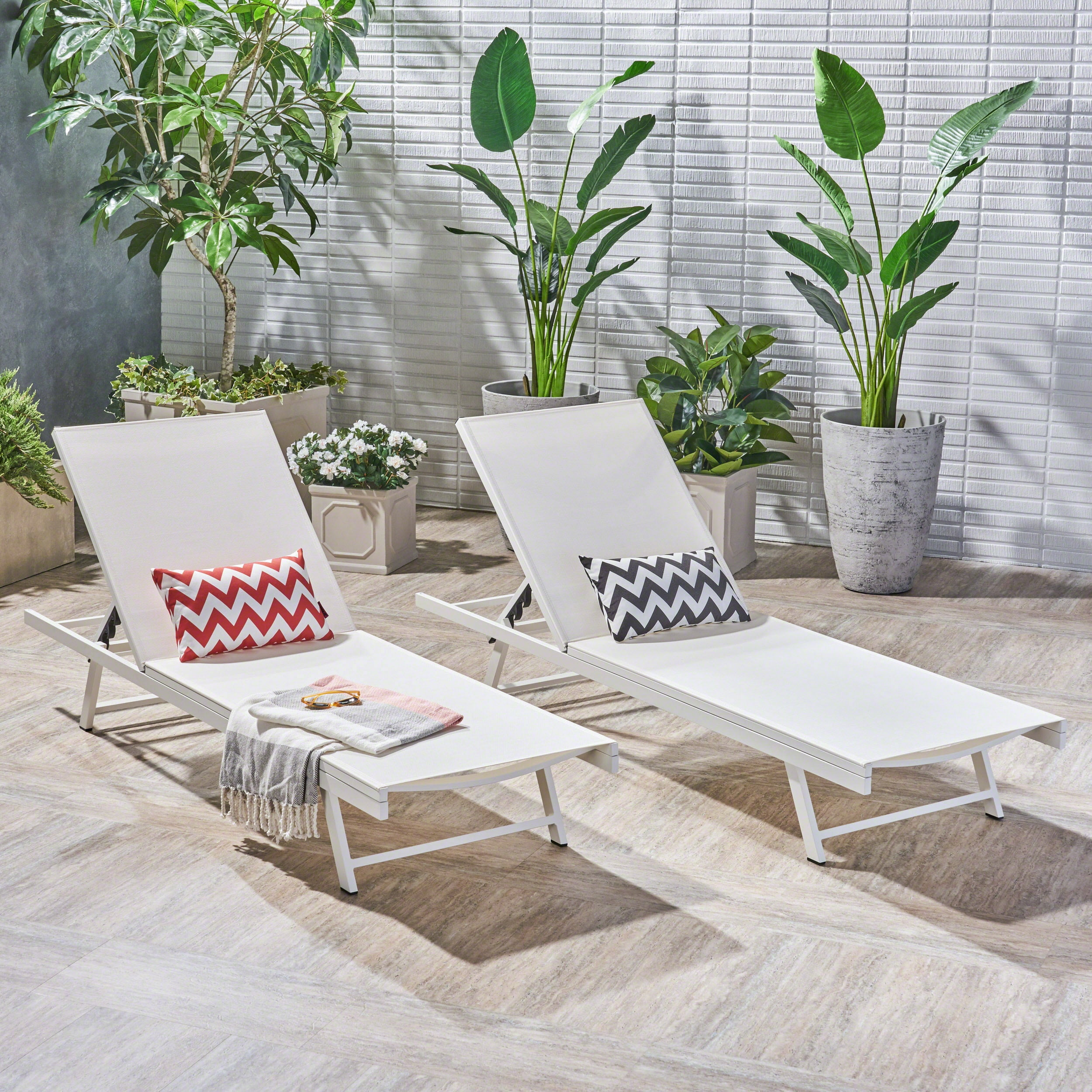 Chaise Lounge Set of 2, Outdoor 5-Position Adjustable Backrest White Steel Frame Lounge for Patio Poolside, White