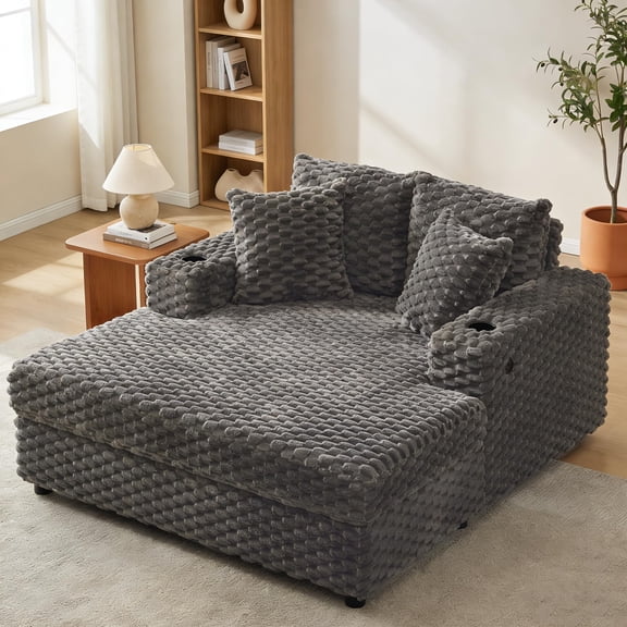 Chaise Lounge, Sleeper Chair 60" Oversized Upholstered - Cozy Reading Chair, Pillows & Armrests, Modern Couch Sofa Bed for Living Room Bedroom, Grey