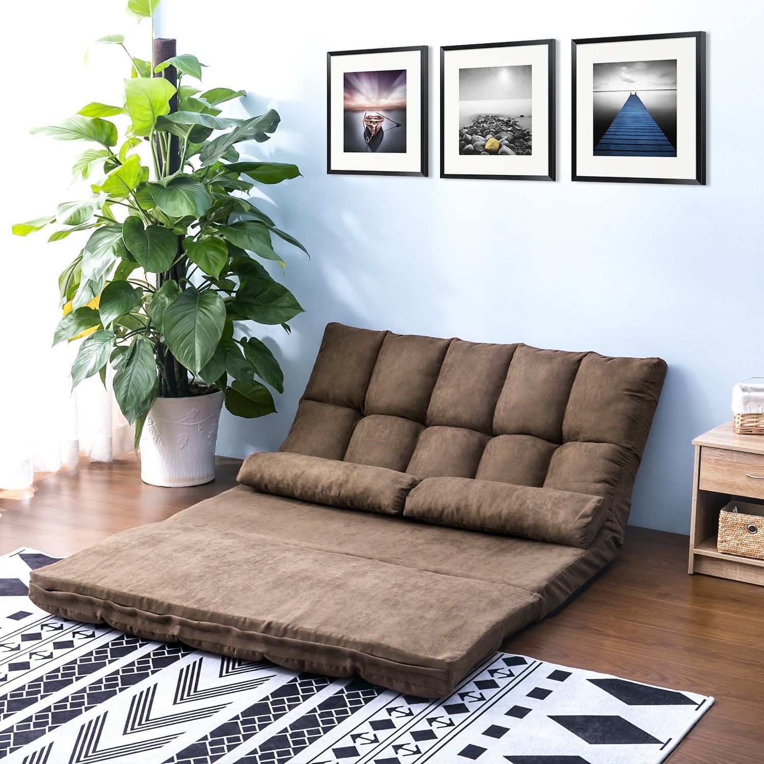 Chaise Lounge Sofa Foldable Lazy Sofa Floor Chair with Two Pillows Adjustable Floor Couch and Sofa for Living Room and Bedroom Double Chaise Lounge