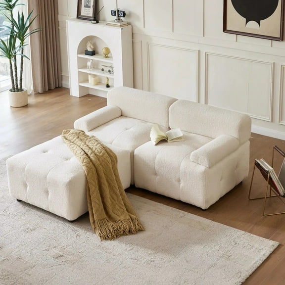 Chaise Lounge Sofa, SEGMART Sectional Modular Couch for Living Room, Modular Sectional Sofa with Two Pillows, Double Chaise Lounge Sofa Chair for Gaming Sleeper Reading, Living Room Furniture, White