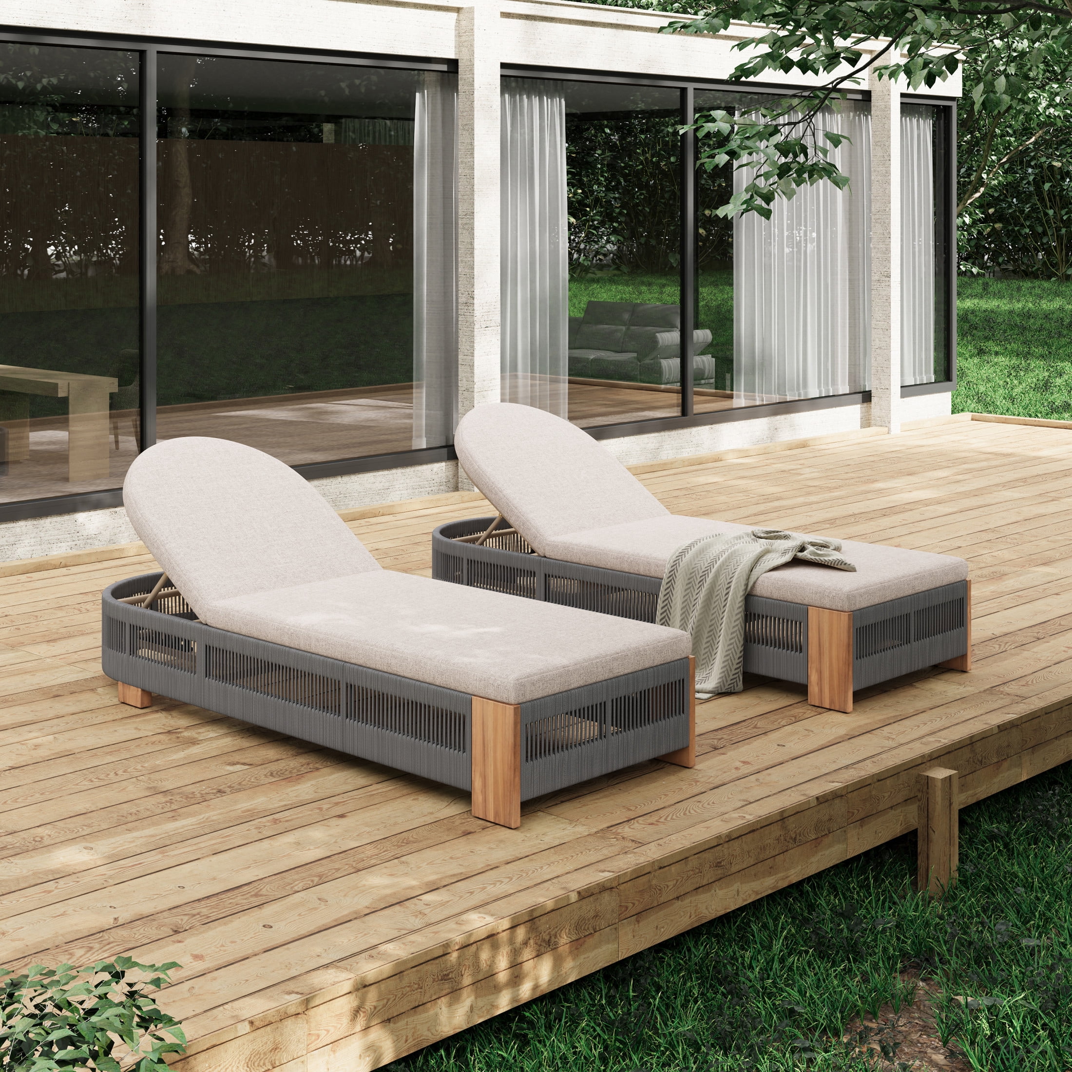 Chaise Lounge With Cushion, Teak look wood & Grey rope & Natural Metal