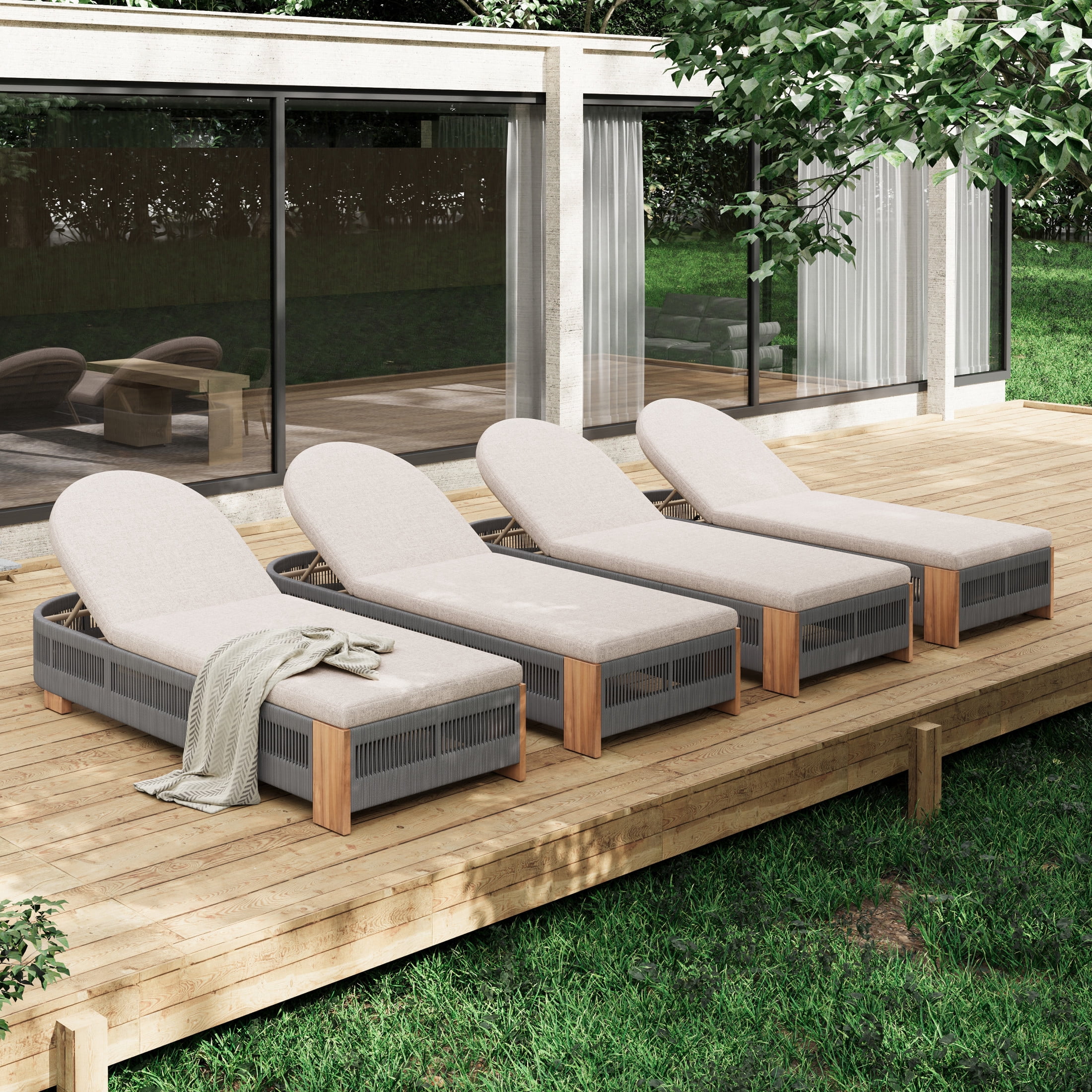 Chaise Lounge With Cushion, Teak look wood & Grey rope & Natural Metal