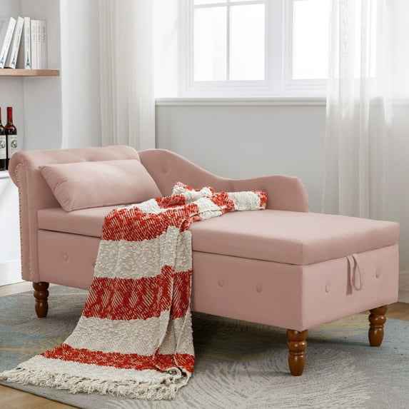 Chaise Lounge with Storage & Pillow, Modern Velvet Upholstered Rolled Arm Sofa Chair with Nailhead Trim for Living Room, Bedroom (Left Armrest-Pink)