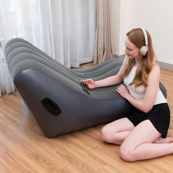 Chaise Lounger Inflatable Sofa Air Chair Portable Leisure Lounger S-Shaped with Air Pump for Indoor Living Room Bedroom, Outdoor Folding Blow Up Bed Backyard Garden Beach. (Grey)