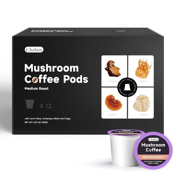 Chaism Mushroom Coffee Pods - Arabic Coffee with Lions Mane, Cordyceps, Reishi, Chaga, Sugar-Free (12 K Cups, Medium Roast)