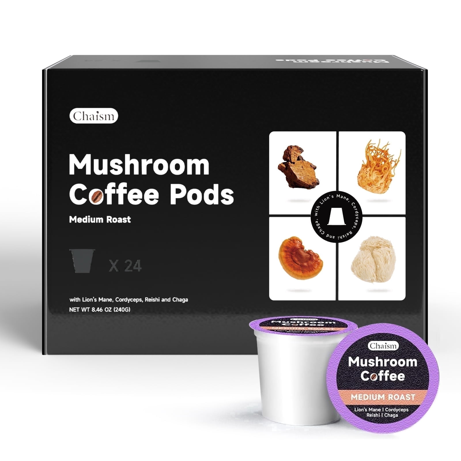 Chaism Mushroom Coffee Pods - Arabic Coffee with Lions Mane, Cordyceps, Reishi, Chaga, Sugar-Free (24 K Cups, Medium Roast)