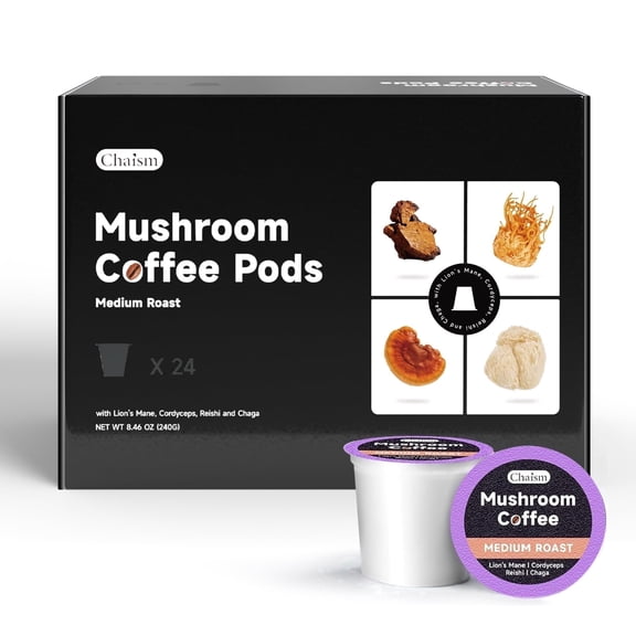 Chaism Mushroom Coffee Pods - Arabic Coffee with Lions Mane, Cordyceps, Reishi, Chaga, Sugar-Free (24 K Cups, Medium Roast)
