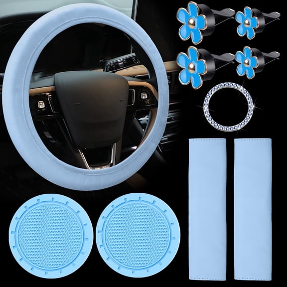 TEAMD 10 PCS Car Accessories Leather Steering Wheel Cover Set, Car Steering Wheel Cover for Women with Seat Belt Pads Cup Holders Start Button, Blue