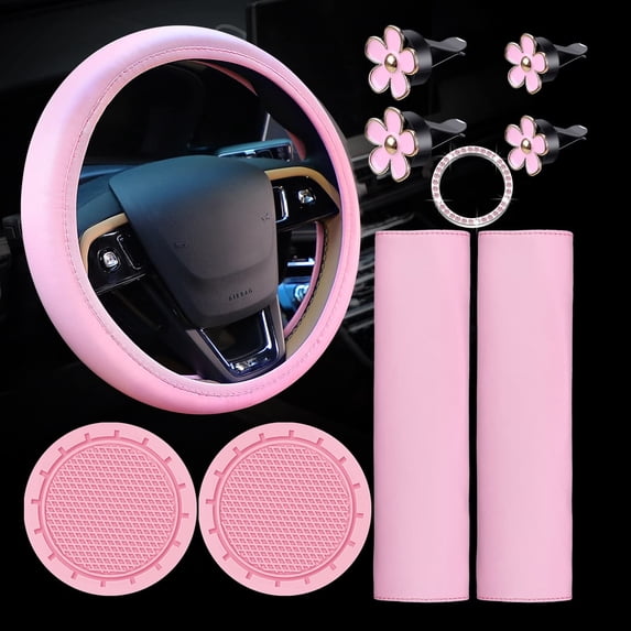 TEAMD 10 PCS Car Accessories Leather Steering Wheel Cover Set, Car Steering Wheel Cover for Women with Seat Belt Pads Cup Holders Start Button, Pink