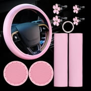 Chak’s Choice 10 PCS Car Accessories Leather Steering Wheel Cover Set, Car Steering Wheel Cover for Women with Seat Belt Pads Cup Holders Start Button, Pink