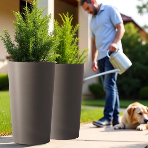 Chak’s Choice 2 Pack Tall 21.7 in Planters for Outdoor Plants Modern Tall Square Planter Box Indoor Outdoor Porch Patio Flower Pot for Garden, (Brown)