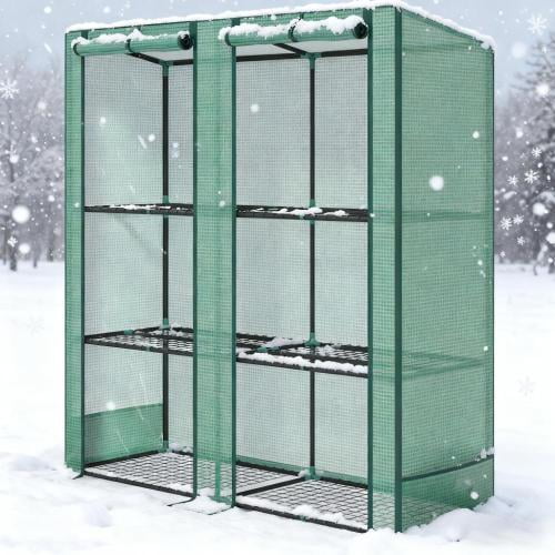 DEGUO 3-Tier Mini Greenhouse, Steel Frame and PE Cover Plastic Plant Rack Stand Green House with Plant Repotting Mat for Indoor & Outdoor Use (Clear and Green)