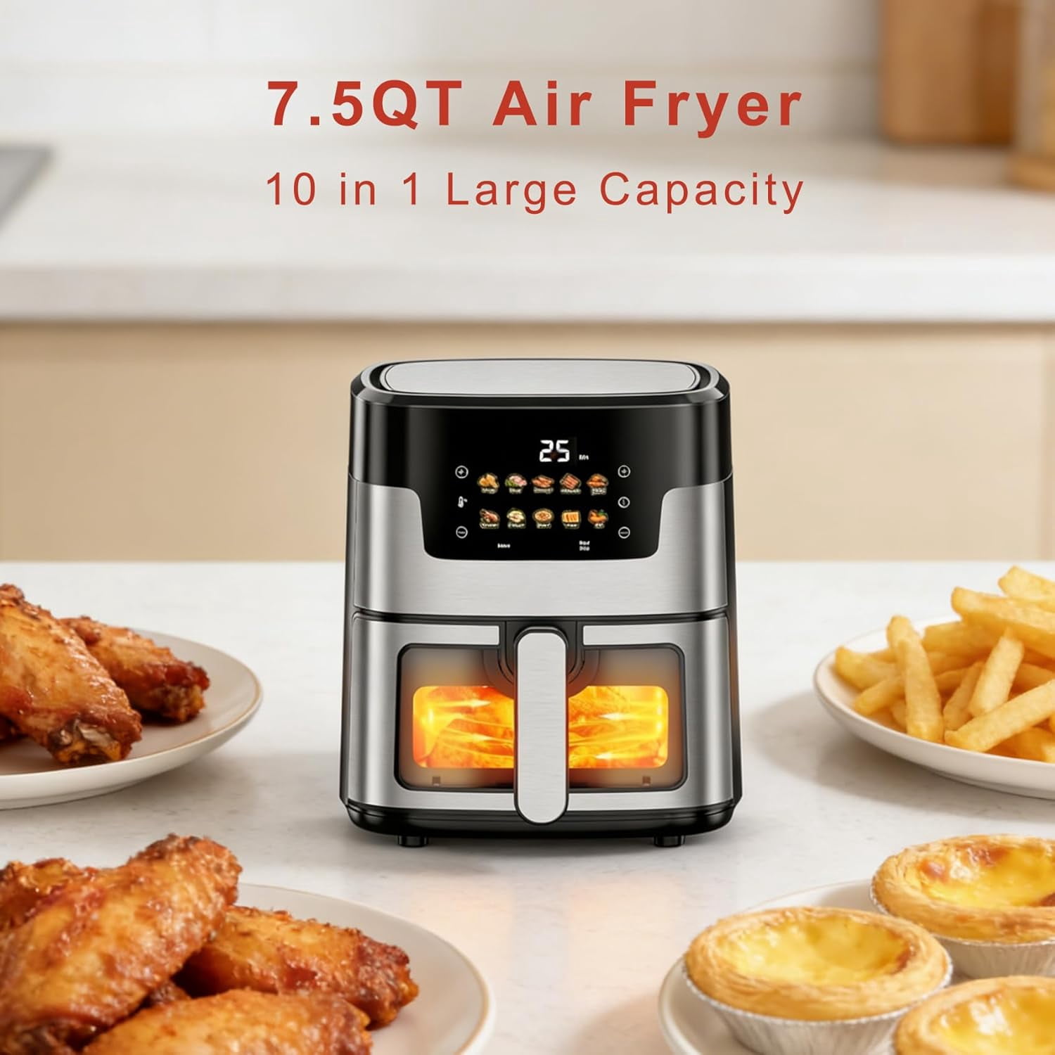 Chak’s Choice 7.5-Liter Air Fryer, 10-in-1 Large Capacity, Oil-Free Cooking Pot with Viewing Window,Nonstick Dishwasher-Safe Basket | Stainless Steel