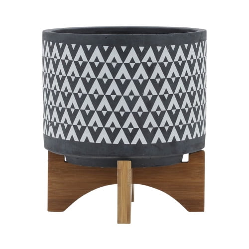 Chaks Choice Decorative Planter Pot on Wooden Stand Ceramic Stoneware Outdoor & Indoor Plant Pot with Gray Geometric Pattern Gray