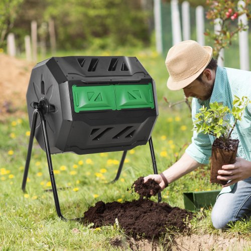 Chaks Choice Tumbling Compost Bin Outdoor 360 Dual Chamber Rotating Composter 43 Gallon, Rotating Compost Bin with Sliding Doors & Steel Frame for Garden/Yard