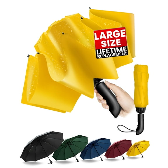 Chakipee Automatic Folding Umbrella,Auto Reverse Windproof Compact Umbrella,47" 10Ribs,Yellow
