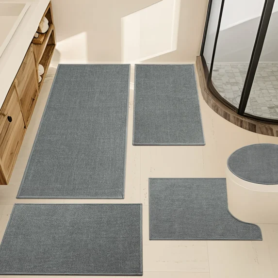 ChakmeOne 5 Piece Bathroom Rug Set Thin Super Absorbent Non Slip Machine Washable Bath Mat with Rubber Backing for Shower Tub Floor & Toilet
