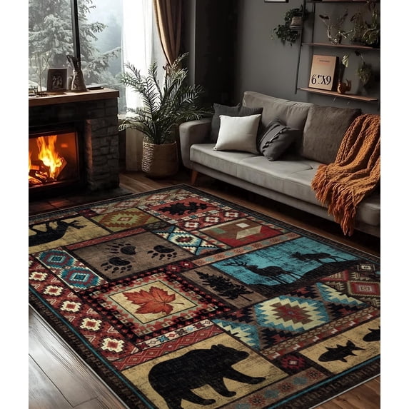 ChakmeOne 5'x7' Cabin Area Rug,Rustic Vintage Washable & Non-Slip Rug for Living Room,Farmhouse & Bedroom