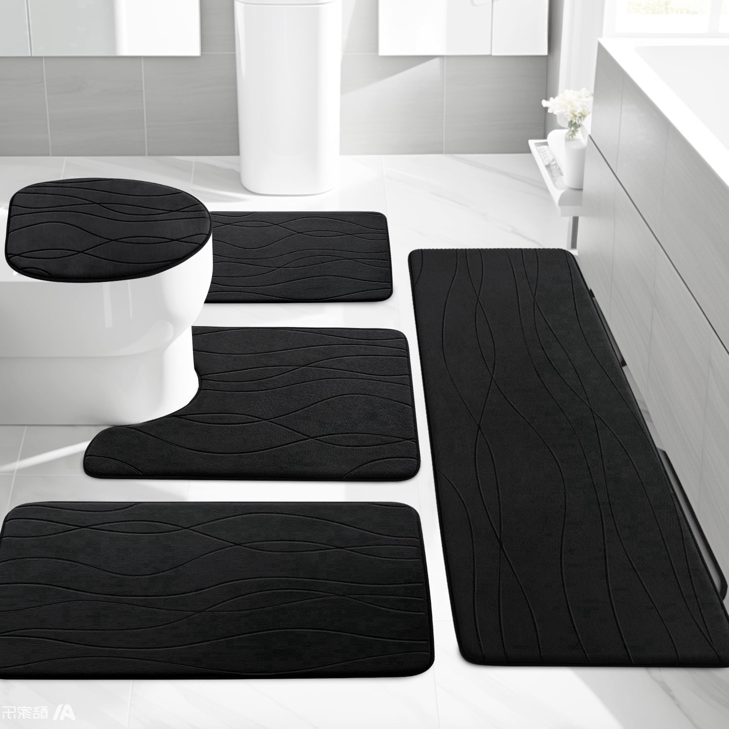 ChakmeOne Bathroom Rugs Sets 5 Piece, Black Bathroom Rug Soft Absorbent Microfiber Bath Mats and U-Shaped Contour Toilet Rug, Non-Slip Machine Wash Dry for Floor Tub and Shower