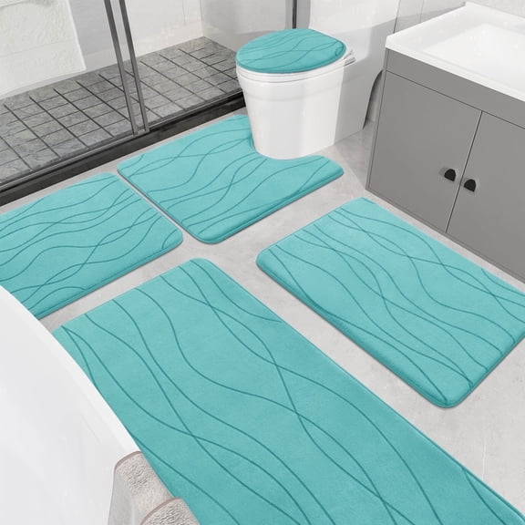 ChakmeOne Bathroom Rugs Sets 5 Piece, Blue Bathroom Rug Soft Absorbent Microfiber Bath Mats and U-Shaped Contour Toilet Rug, Non-Slip Machine Wash Dry for Floor Tub and Shower