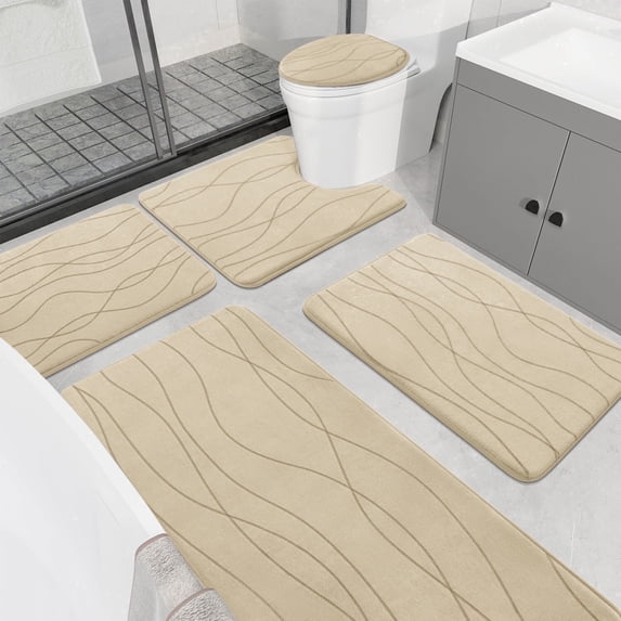ChakmeOne Bathroom Rugs Sets 5 Piece, Khaki Bathroom Rug Soft Absorbent Microfiber Bath Mats and U-Shaped Contour Toilet Rug, Non-Slip Machine Wash Dry for Floor Tub and Shower