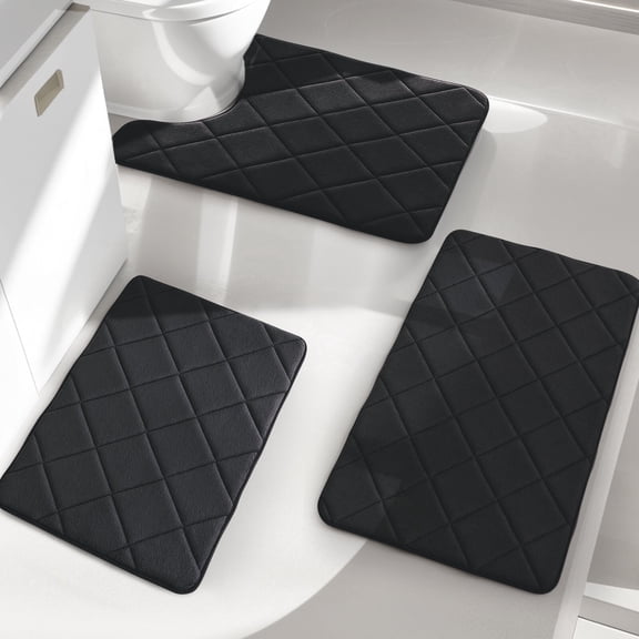 ChakmeOne Black Bathroom Rug Set Bath Mats 3 Piece with U Shape Toilet Rug Super Non-Slip Machine Washable Absorbent for Tub & Shower
